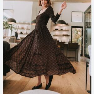 Free People Dark Brown Patterned Midi Dress